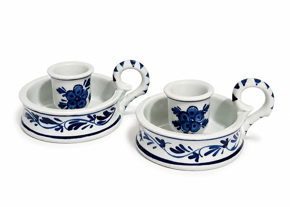 Vintage Delft Blue Hand Painted Porcelain Chamberstick Candle Holders